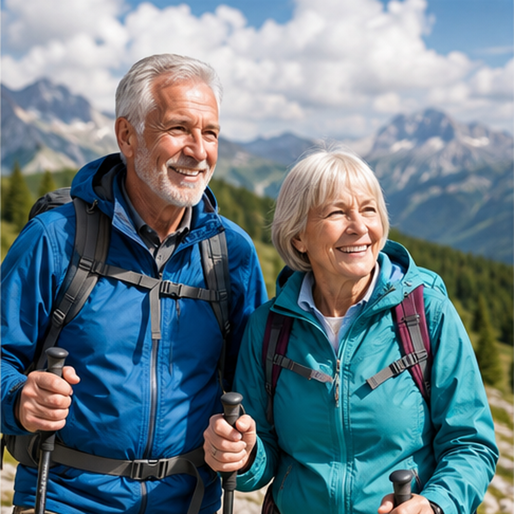 Älteres Paar beim Wandern in einer alpinen Landschaft